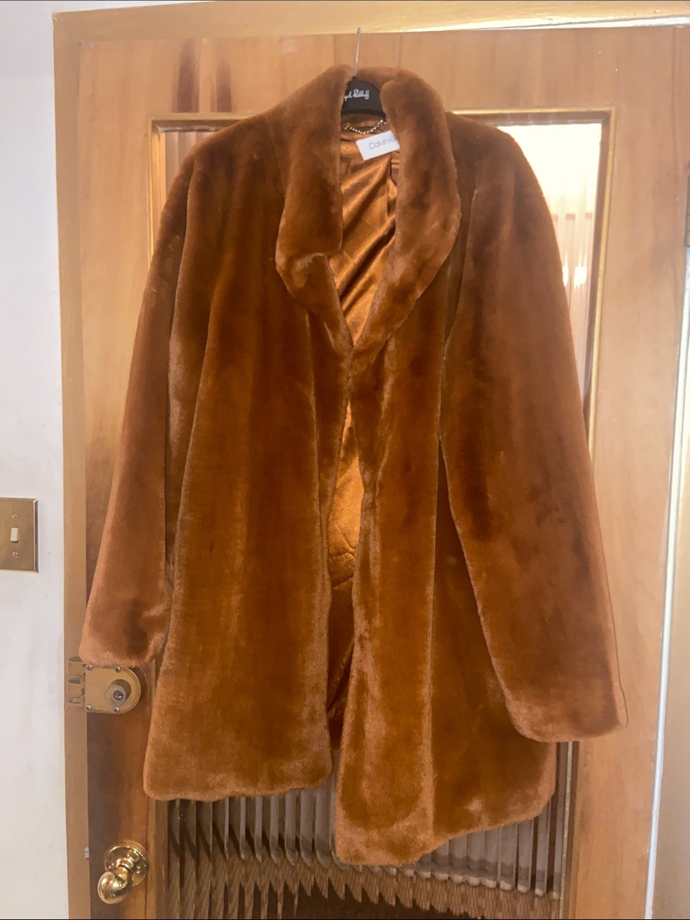 Calvin Klein Plush Faux Fur Teddy Jacket in Warm Brown